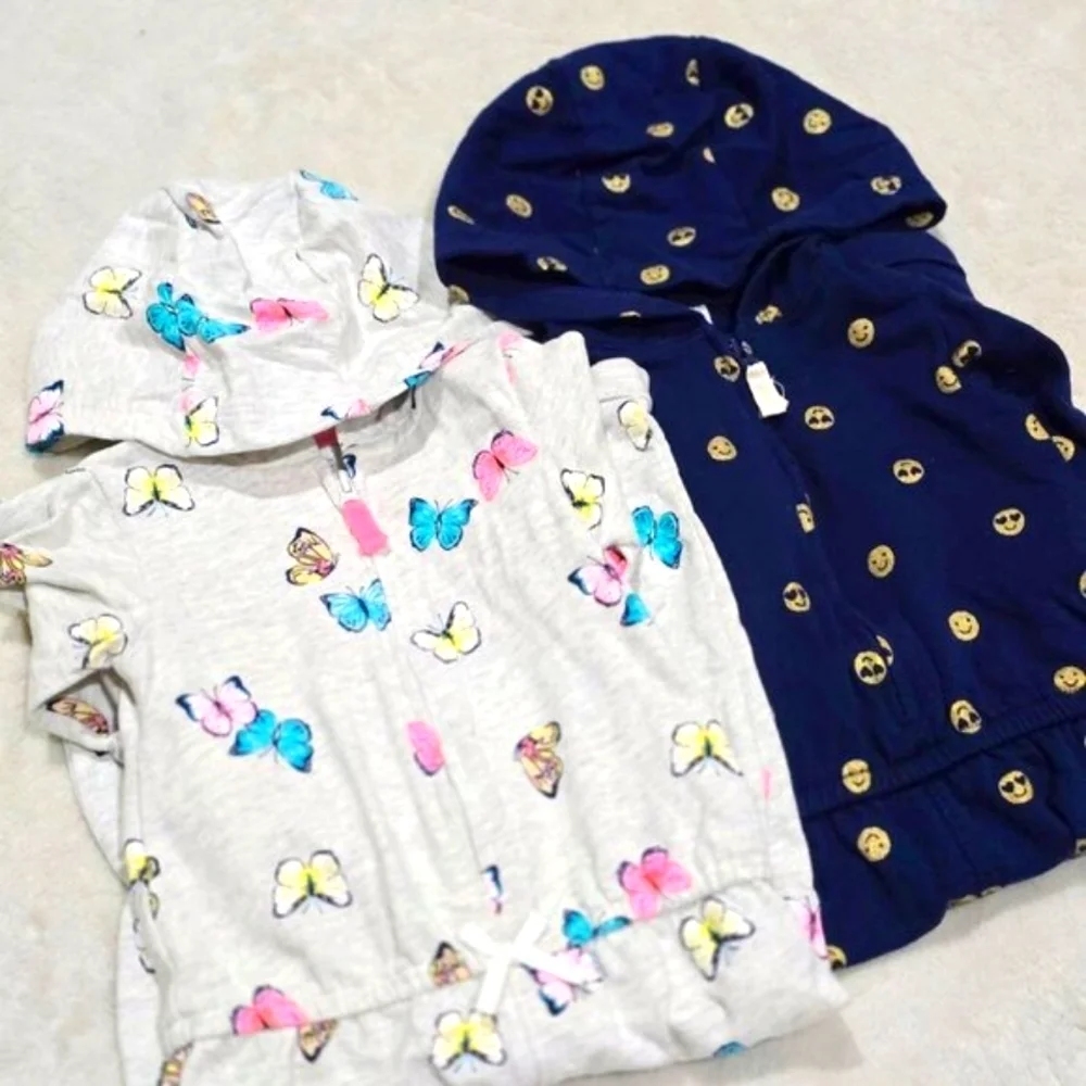 Carters Baby Girls Hooded Romper Jumpsuit 2 Pack Butterfly Smiley Face EUC 12M